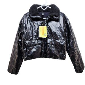 All In Motion Shiny Black Cropped Jacket Cozy line Sherpa Collar Size S